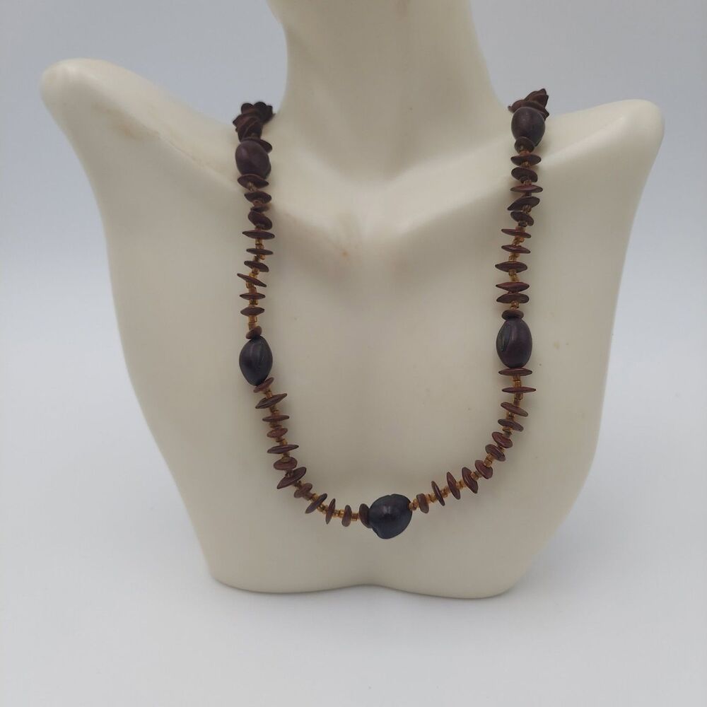 Brown Wood Beaded Necklace 28"